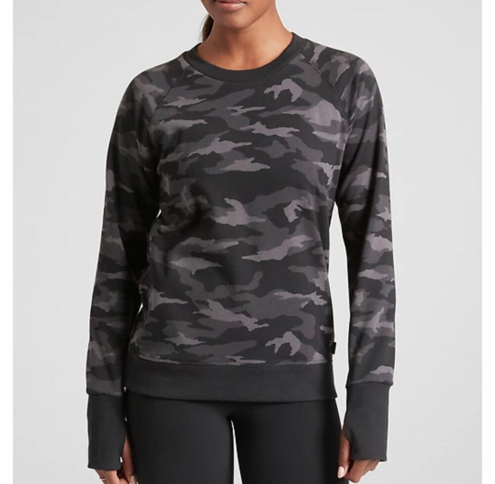 Athleta Black Gray Camo Triumph Crewneck Sweatshirt Sz XL Thumbhole Zip Pocket